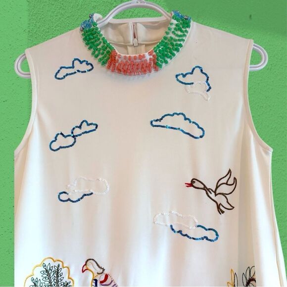Vintage white embroidered mini shift dress with beaded mock neck. - Picture 2 of 8